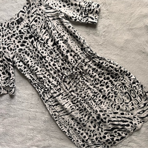 Bogner Snow Leopard Animal Print Cotton Silk Coverup Drawstring Dress Sz 12 - Picture 1 of 17